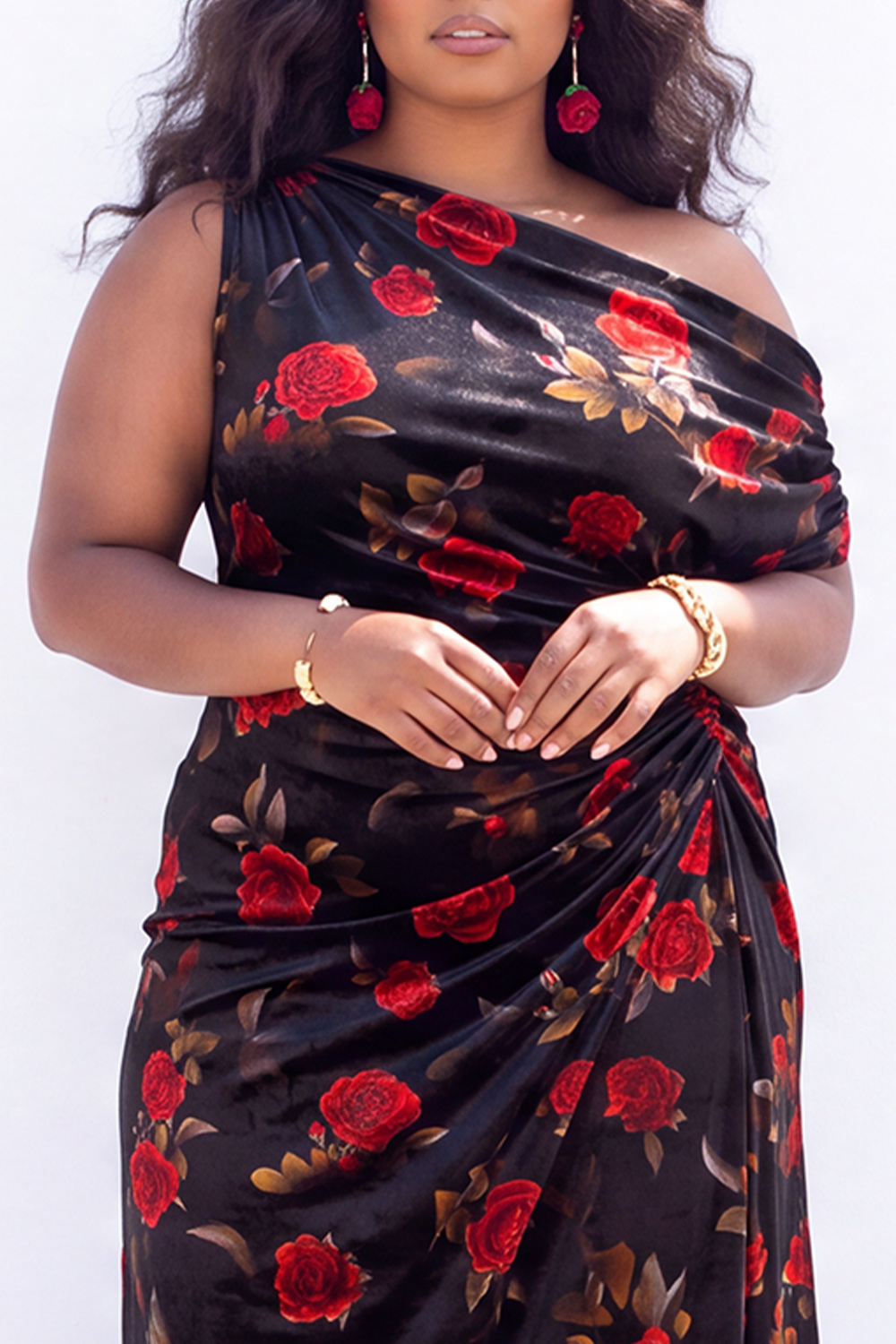 Apricot Pink Floral One Shoulder Plus Size Midi Dress