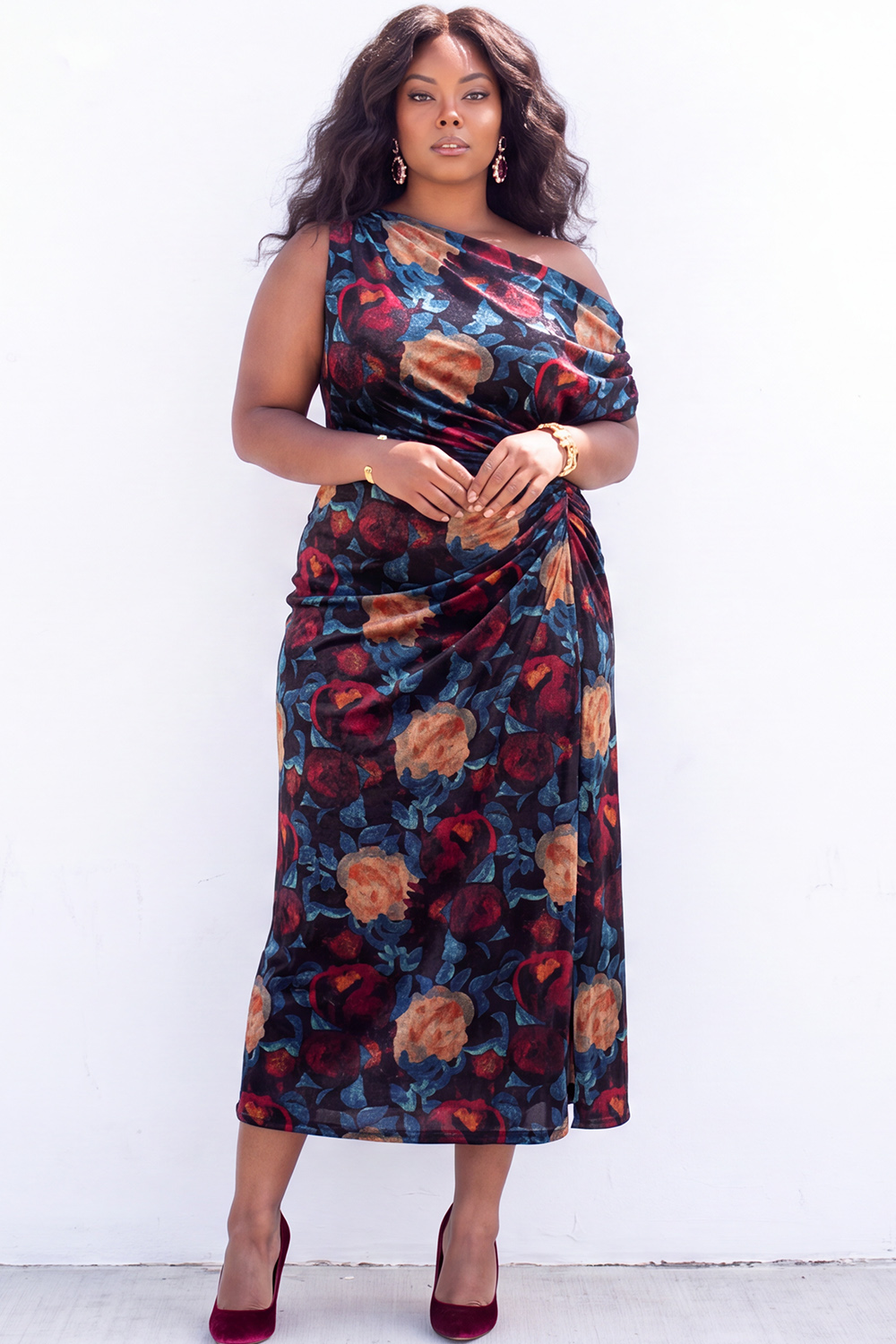 Apricot Pink Floral One Shoulder Plus Size Midi Dress
