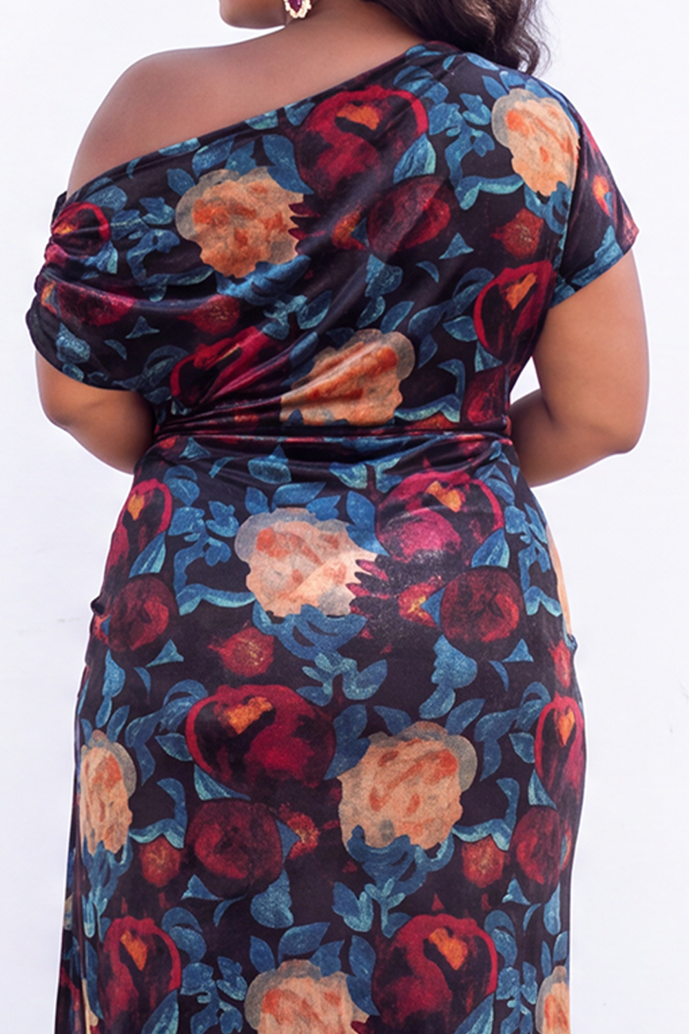 Apricot Pink Floral One Shoulder Plus Size Midi Dress