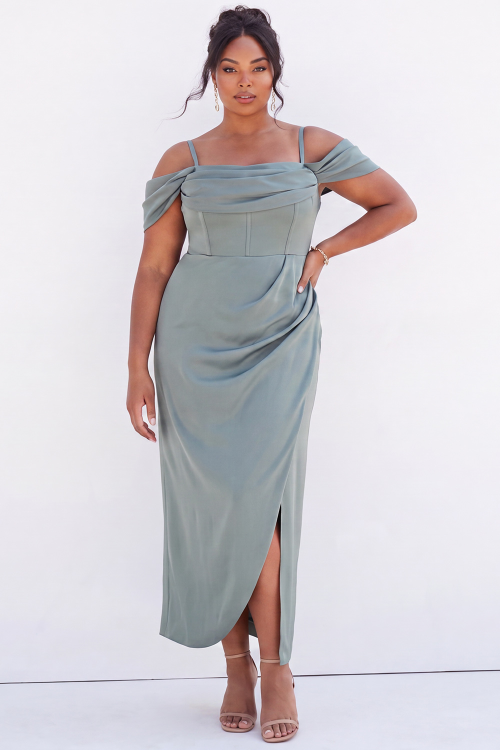 Dressself Women Sage Green Plus Size Bridesmaid Dress Cold Shoulder Mermaid Corset Wedding Guest Dress with Slit
