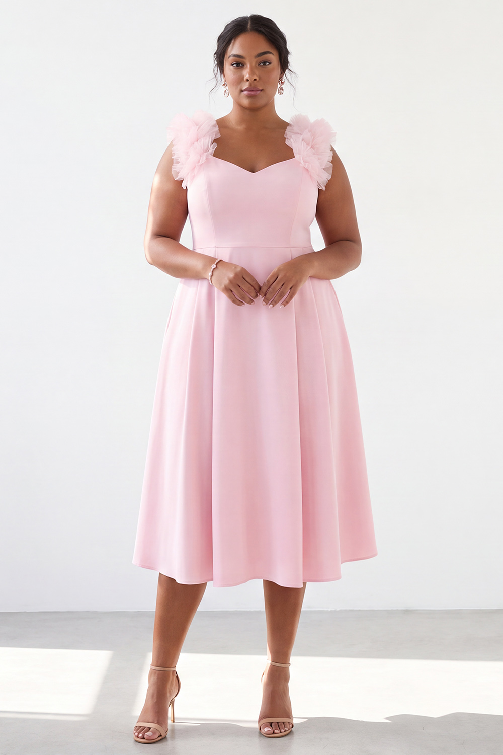 Pink A Line Sleeveless Plus Size Midi Wedding Guest Dress