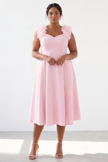 Dressself Women Pink Plus Size Wedding Guest Dress A Line Sleeveless Midi Tea Party Dress with 3D Flowers