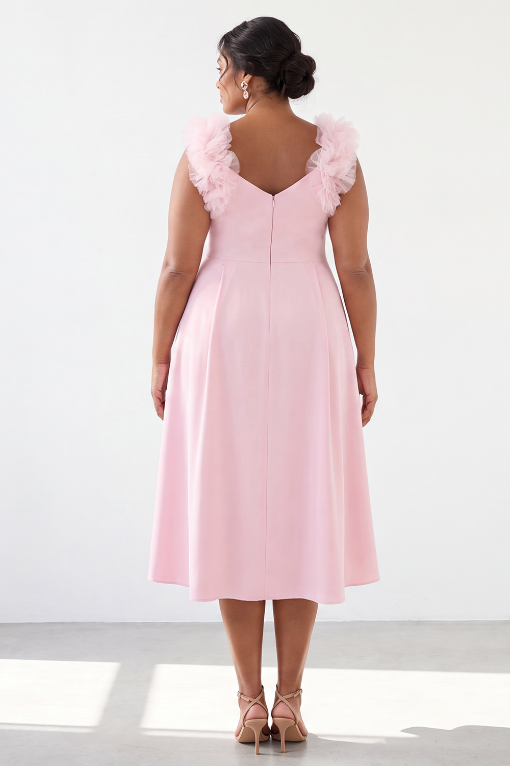 Pink A Line Sleeveless Plus Size Midi Wedding Guest Dress