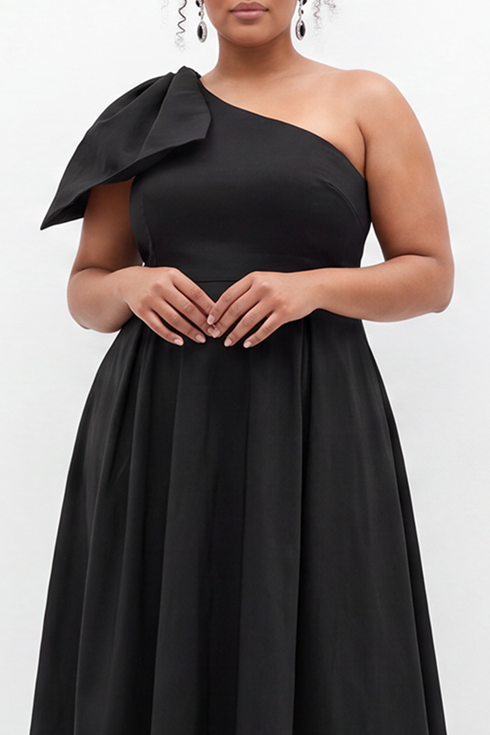 Black One Shoulder A Line Plus Size Formal Dress with Bow
