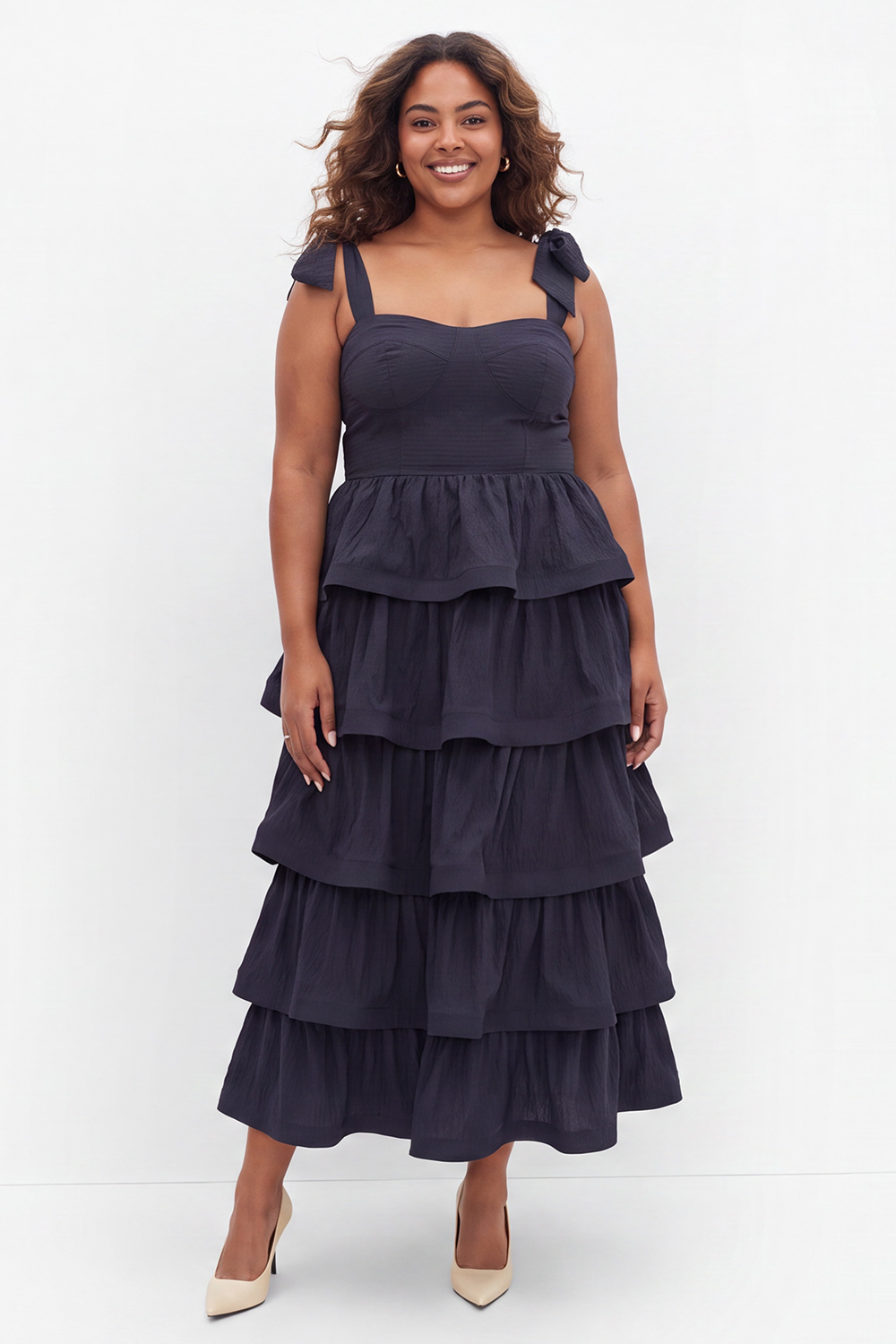 Dressself Women Plus Size Navy Wedding Guest Dress Tiered Ruffle A Line Square Neck Long Evening Dress with Bow