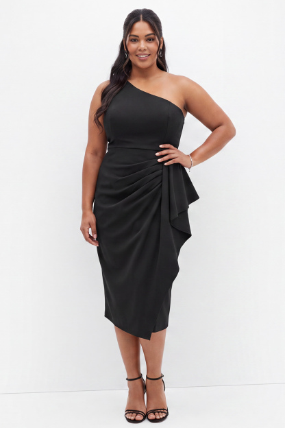 Dressself Women Black Pencil Plus Size Formal Dress One Shoulder Ruched Midi Evening Dress