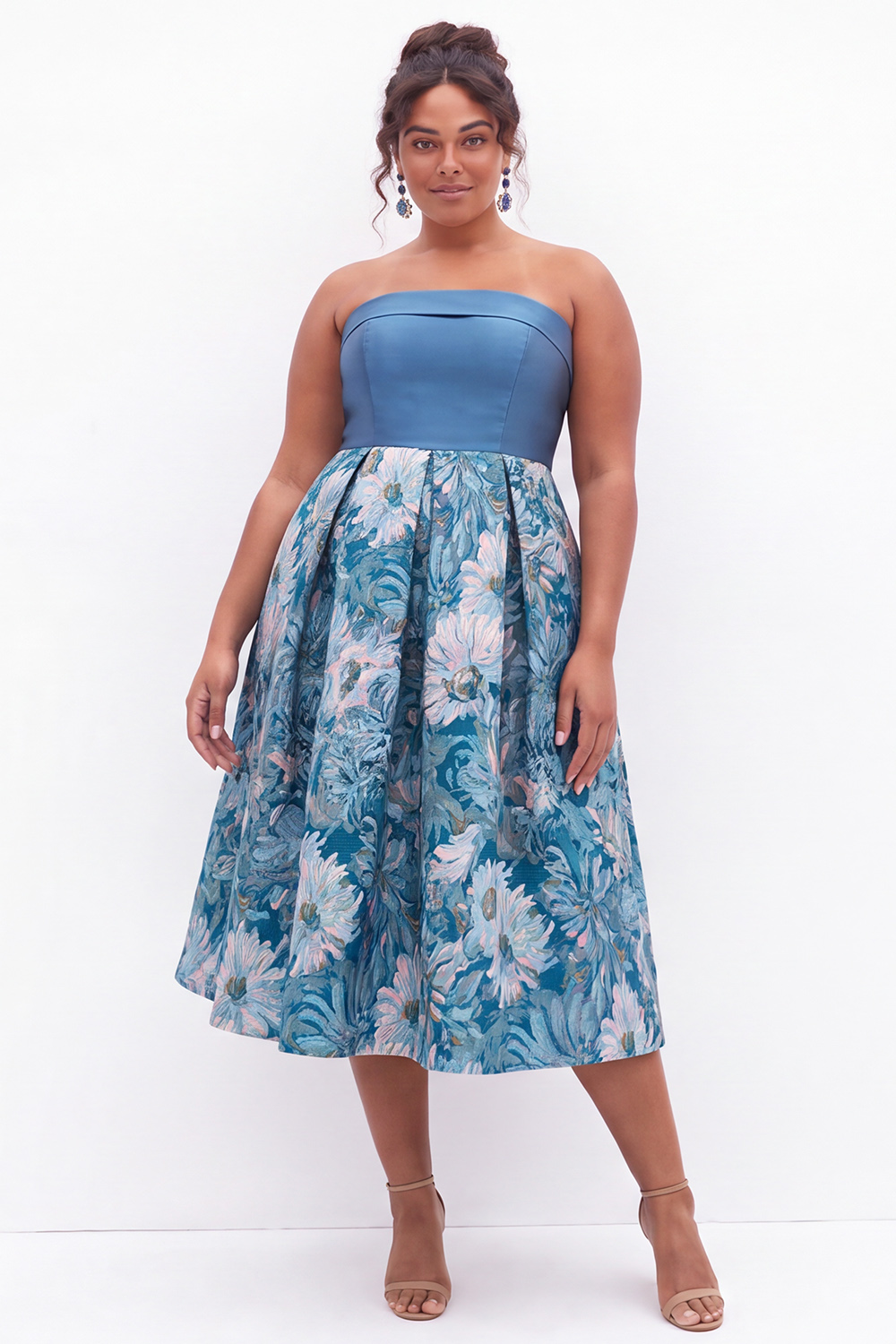 Blue Floral A Line Strapless Plus Size Midi Dress