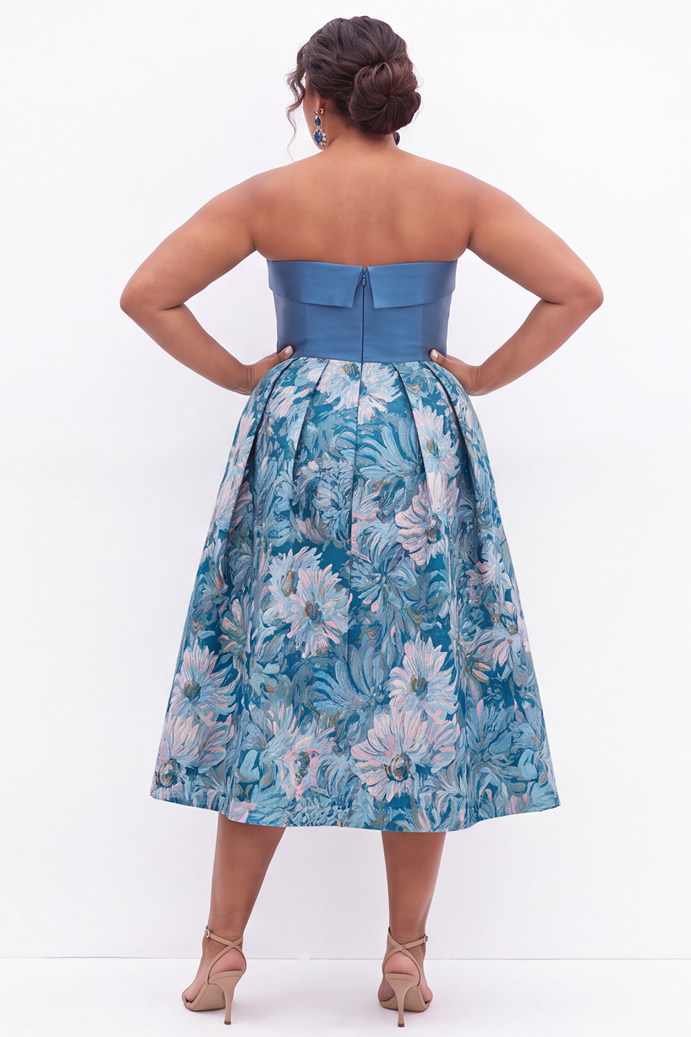 Blue Floral A Line Strapless Plus Size Midi Dress