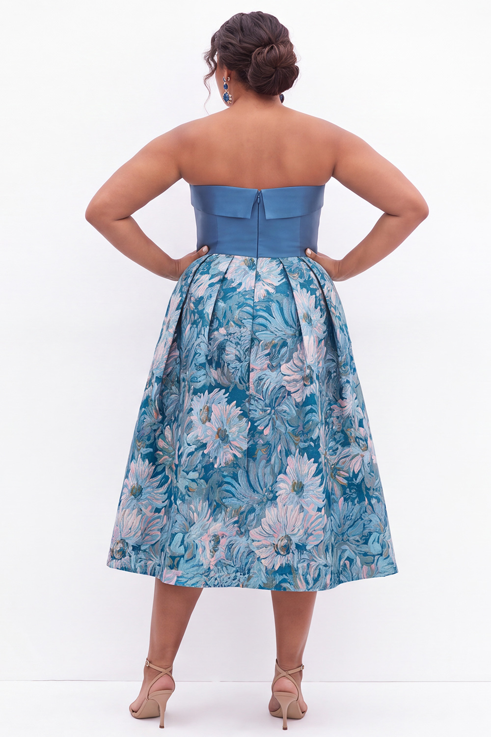 Blue Floral A Line Strapless Plus Size Midi Dress