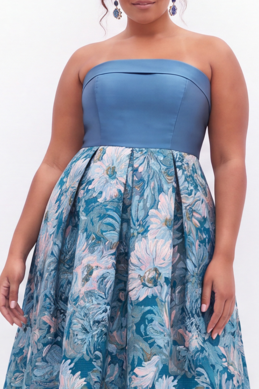 Blue Floral A Line Strapless Plus Size Midi Dress