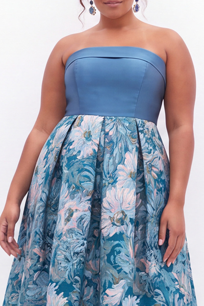 Blue Floral A Line Strapless Plus Size Midi Dress