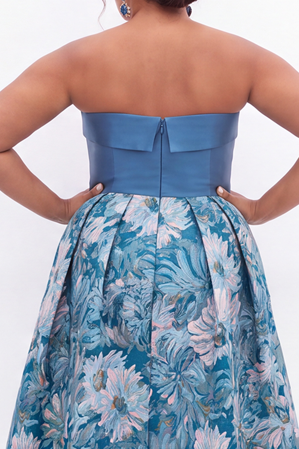 Blue Floral A Line Strapless Plus Size Midi Dress