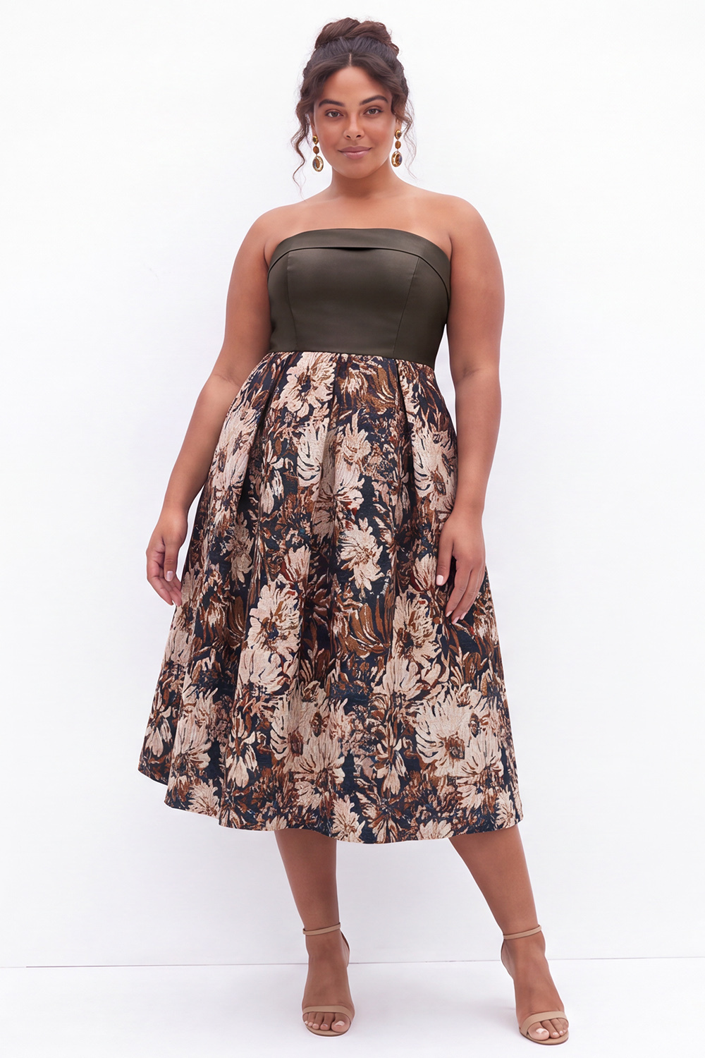 Blue Floral A Line Strapless Plus Size Midi Dress