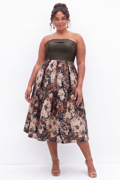 Blue Floral A Line Strapless Plus Size Midi Dress