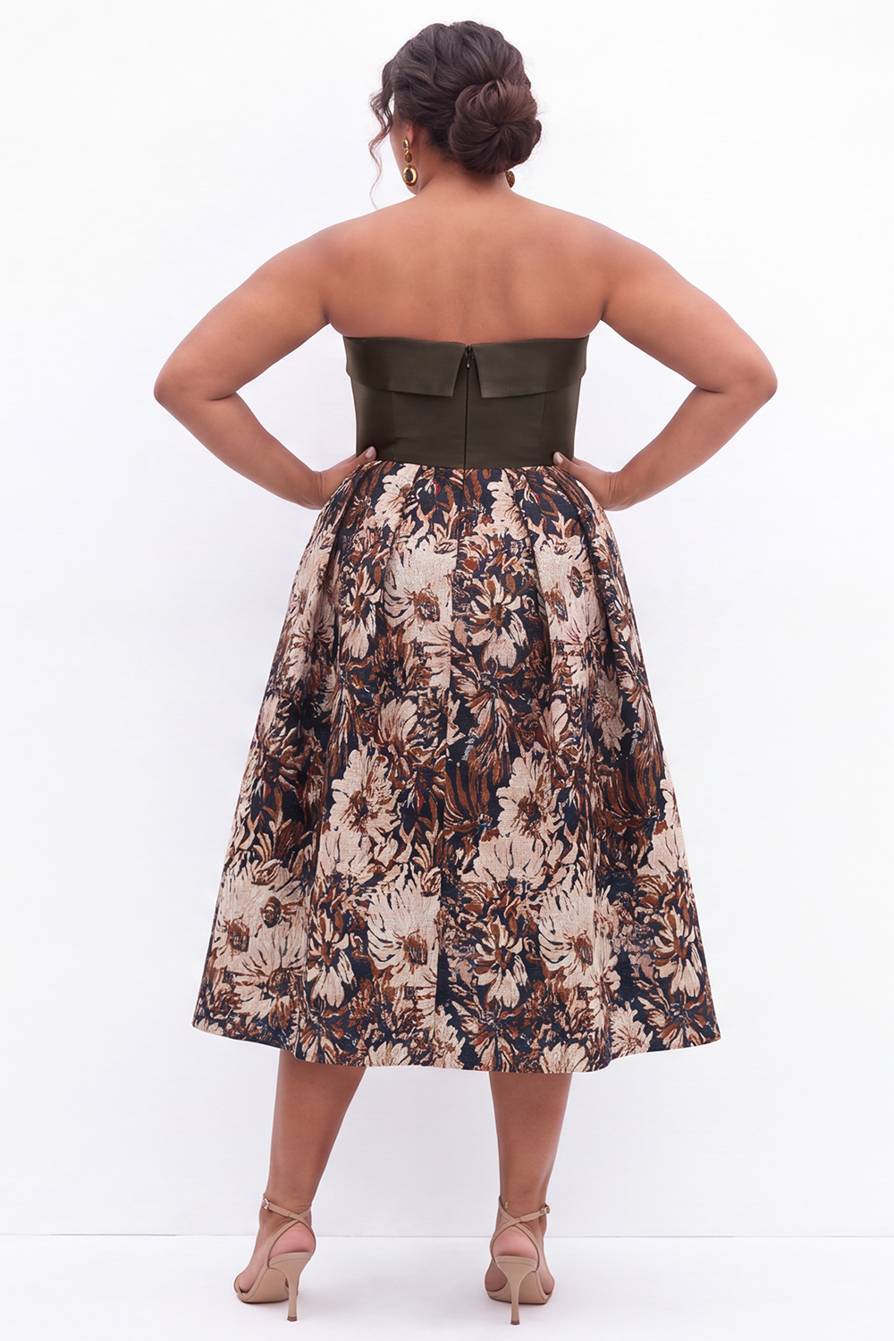 Blue Floral A Line Strapless Plus Size Midi Dress