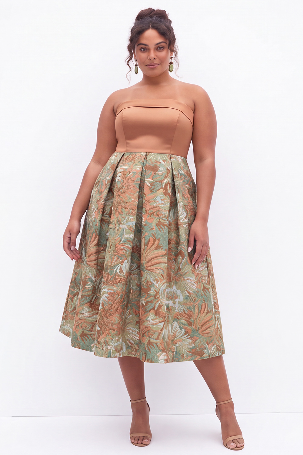 Blue Floral A Line Strapless Plus Size Midi Dress