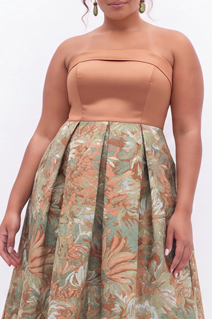 Blue Floral A Line Strapless Plus Size Midi Dress