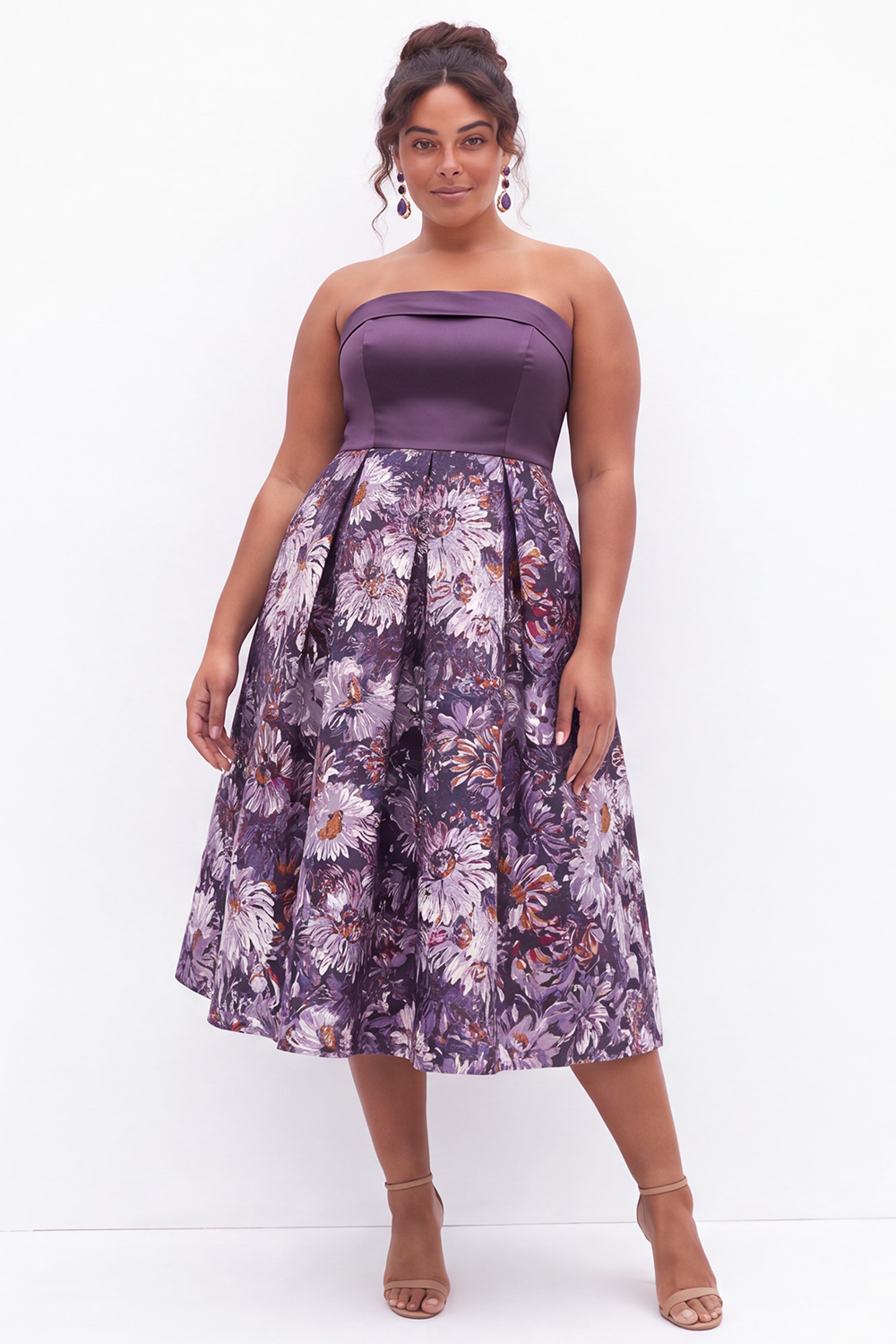Blue Floral A Line Strapless Plus Size Midi Dress