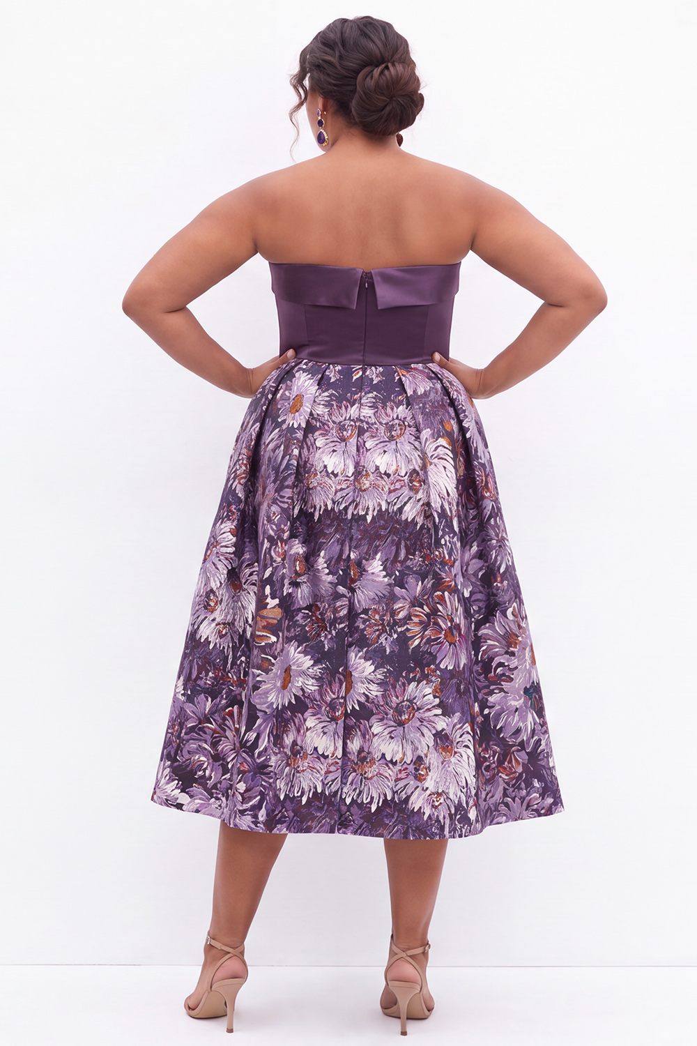 Blue Floral A Line Strapless Plus Size Midi Dress