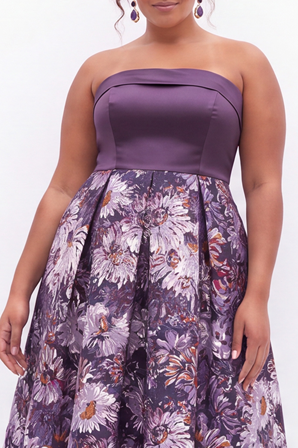 Blue Floral A Line Strapless Plus Size Midi Dress
