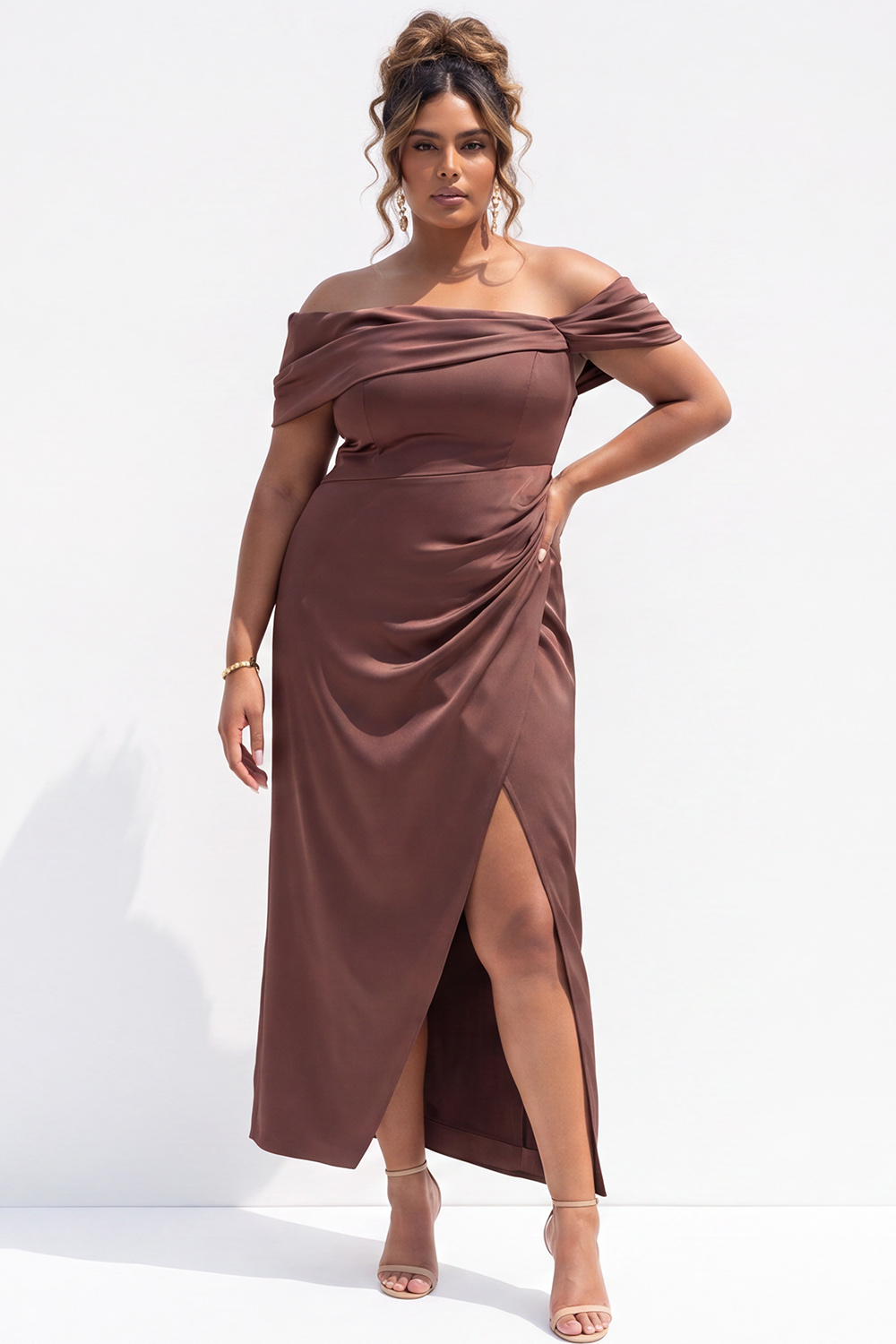 Off the Shoulder Coffee Plus Size Midi Dress with Slit