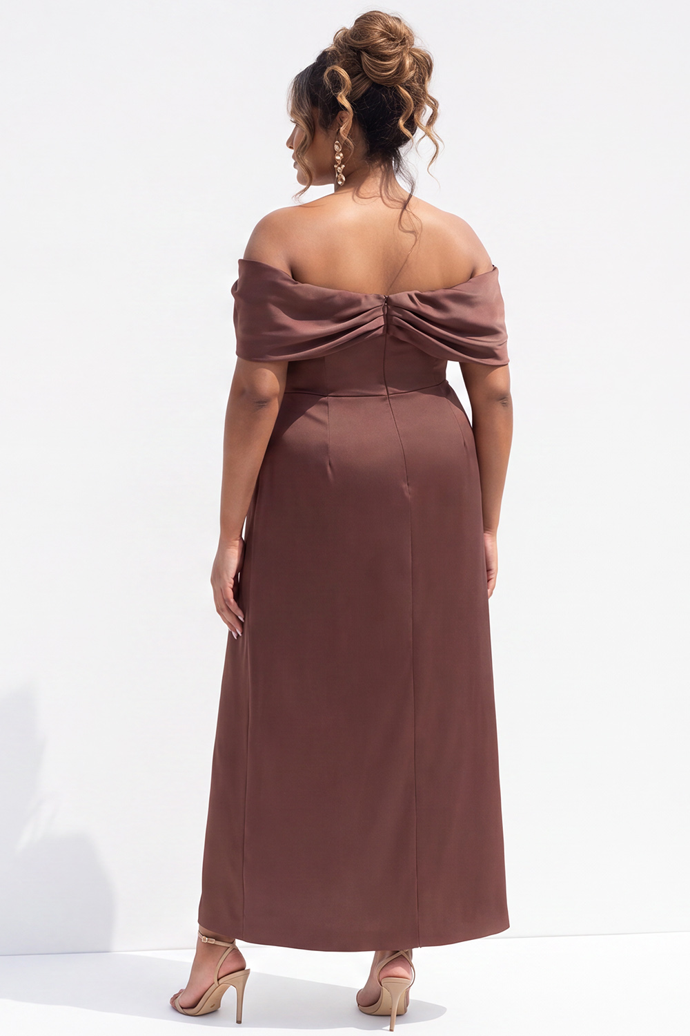 Off the Shoulder Coffee Plus Size Midi Dress with Slit