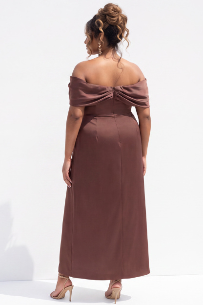 Off the Shoulder Coffee Plus Size Midi Dress with Slit
