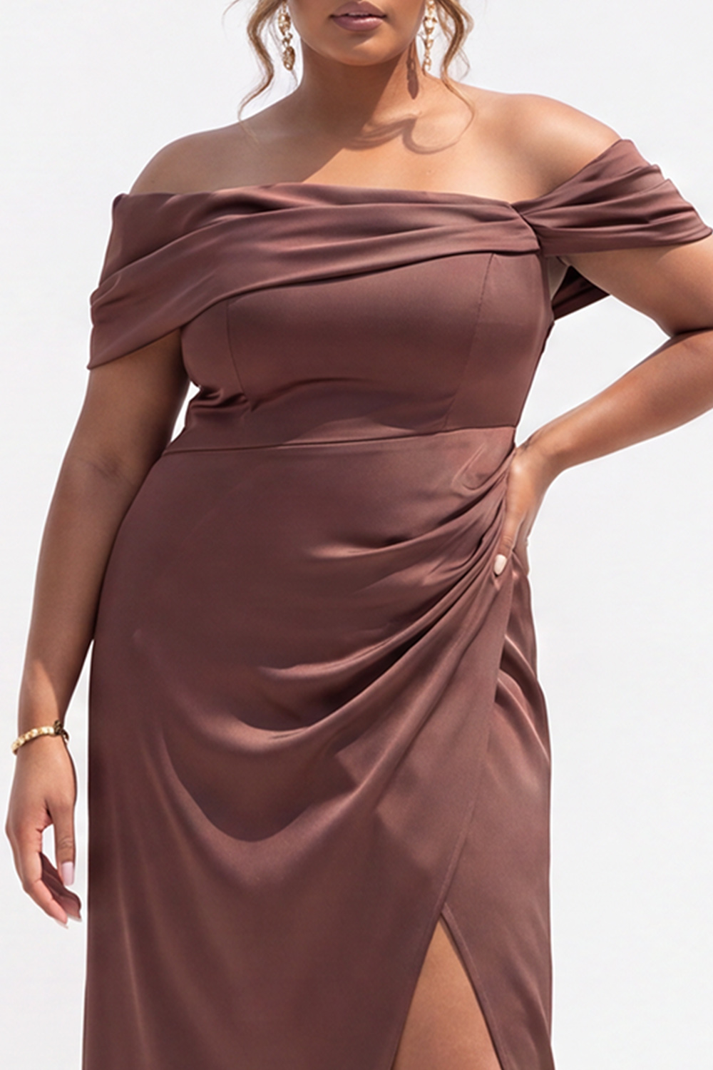 Off the Shoulder Coffee Plus Size Midi Dress with Slit