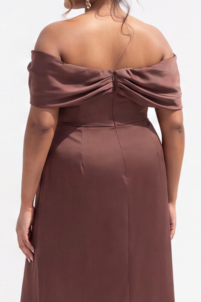 Off the Shoulder Coffee Plus Size Midi Dress with Slit