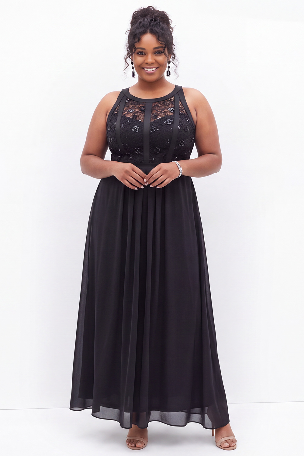 Plus Size Black Sequin Lace A Line Wedding Guest Dress