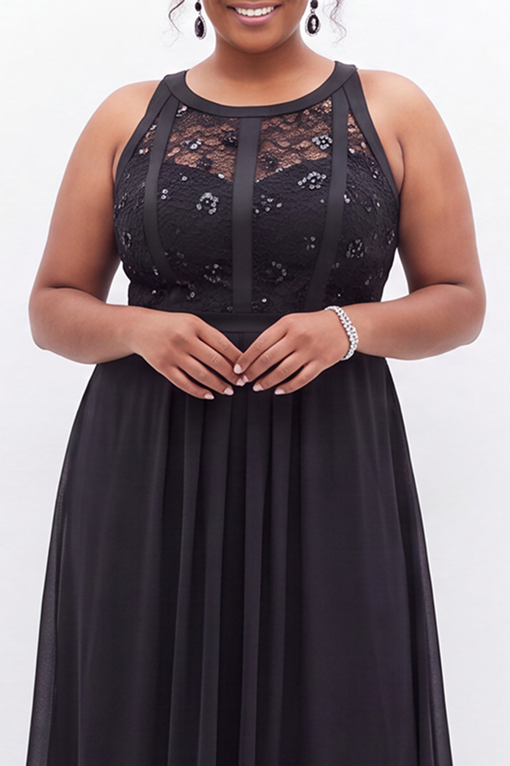 Plus Size Black Sequin Lace A Line Wedding Guest Dress