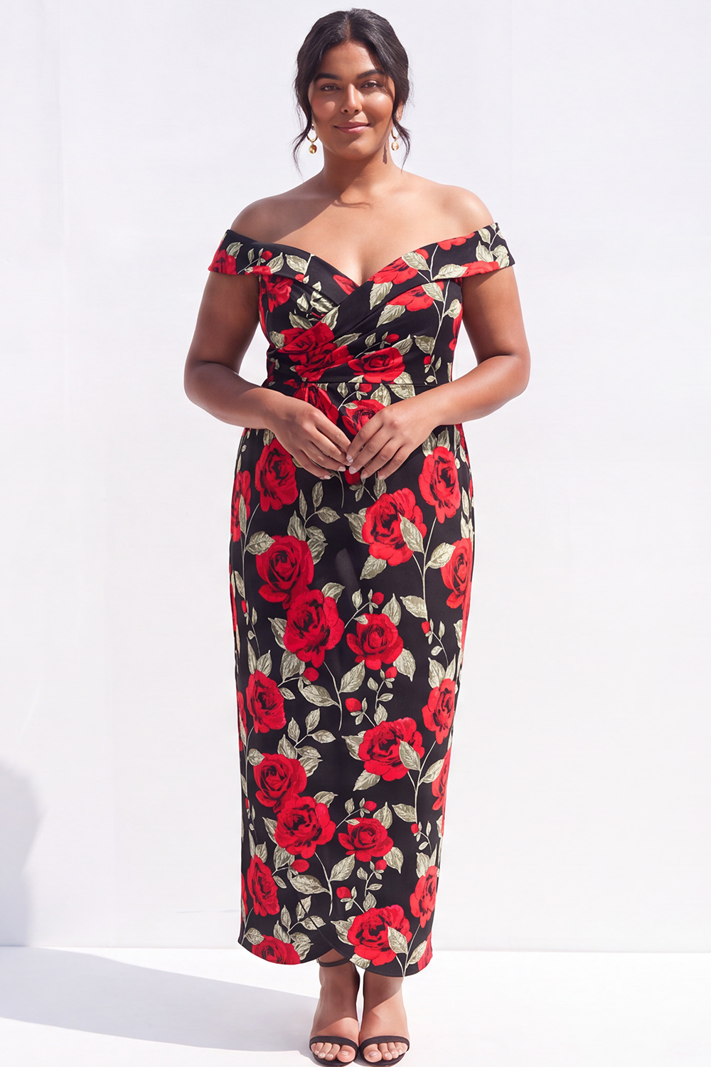 Black Red Flower Off the Shoulder Pencil Plus Size Wedding Guest Dress