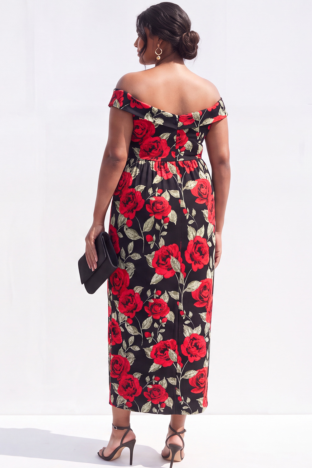 Black Red Flower Off the Shoulder Pencil Plus Size Wedding Guest Dress