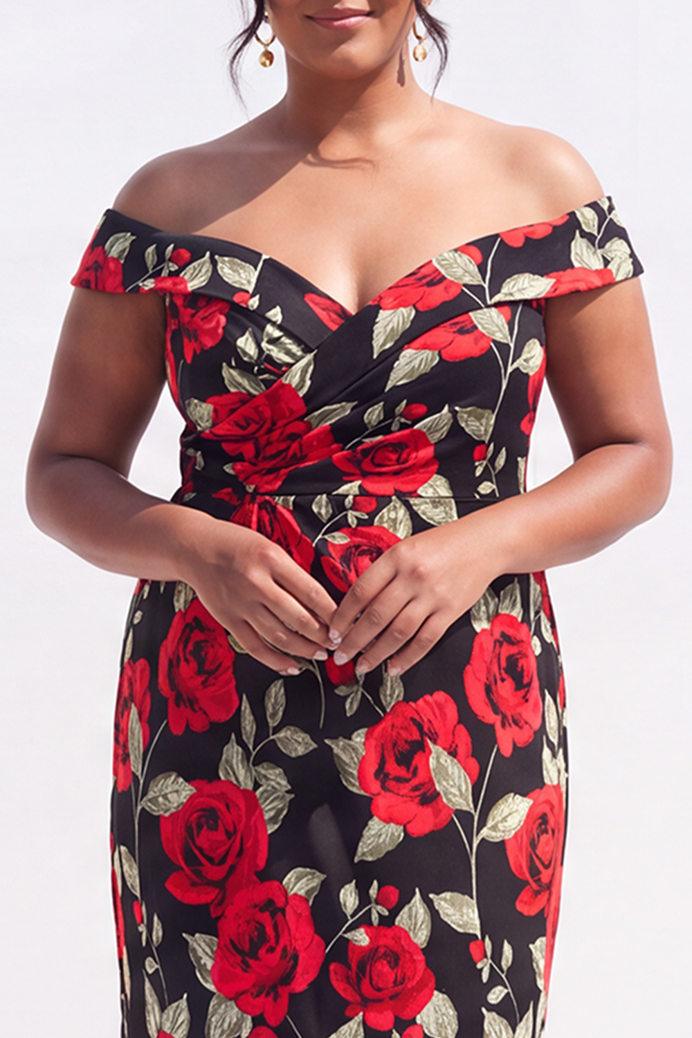 Black Red Flower Off the Shoulder Pencil Plus Size Wedding Guest Dress