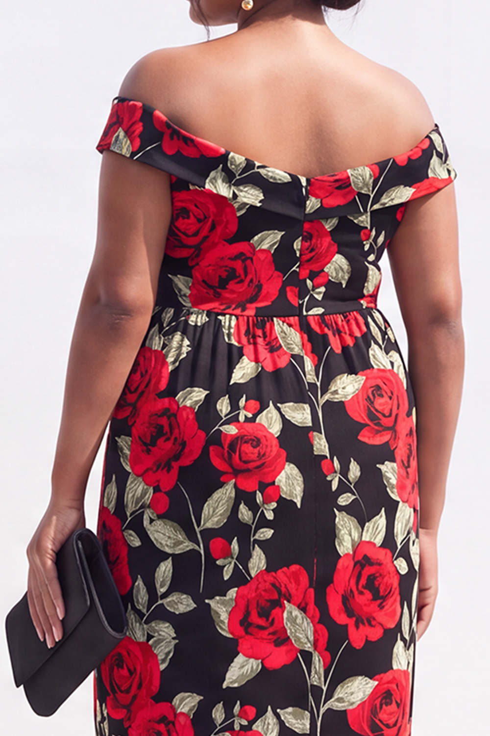 Black Red Flower Off the Shoulder Pencil Plus Size Wedding Guest Dress