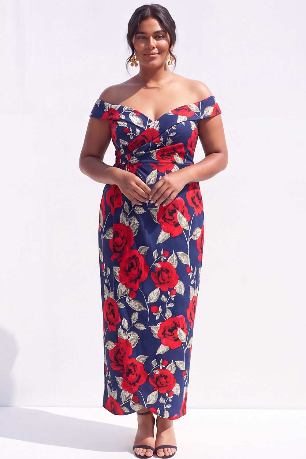 Black Red Flower Off the Shoulder Pencil Plus Size Wedding Guest Dress