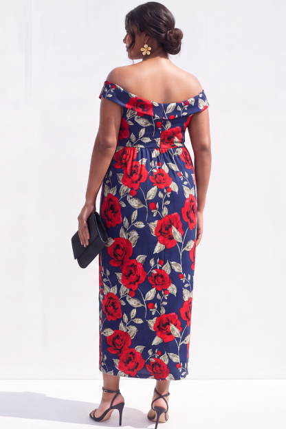 Black Red Flower Off the Shoulder Pencil Plus Size Wedding Guest Dress