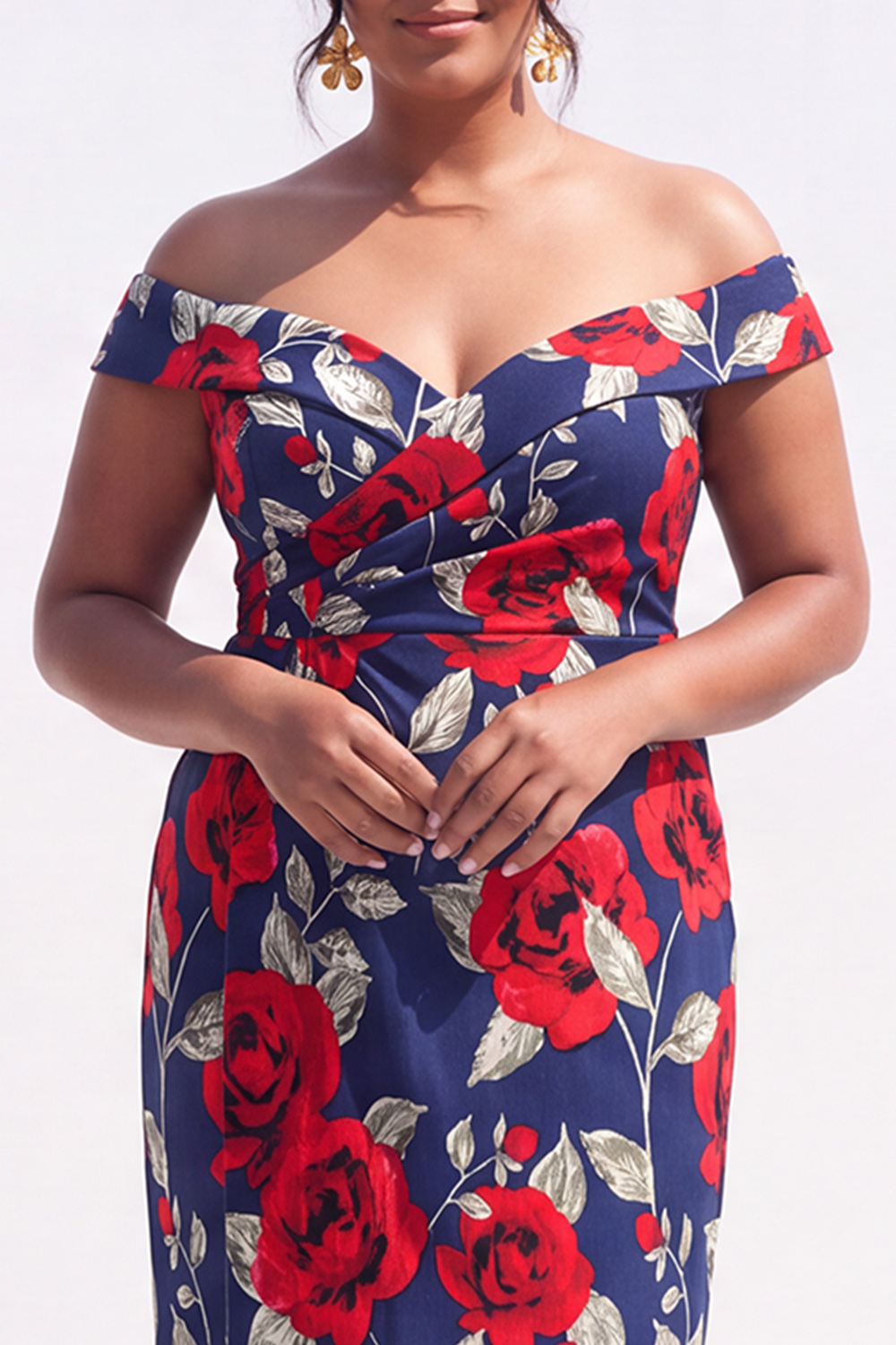Black Red Flower Off the Shoulder Pencil Plus Size Wedding Guest Dress