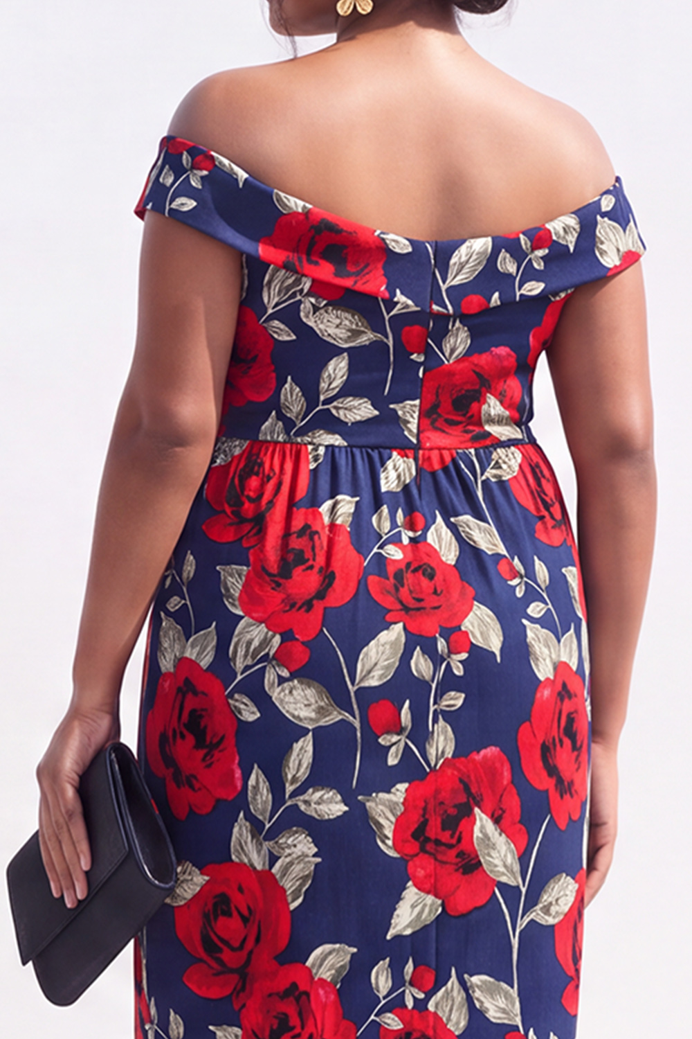 Black Red Flower Off the Shoulder Pencil Plus Size Wedding Guest Dress