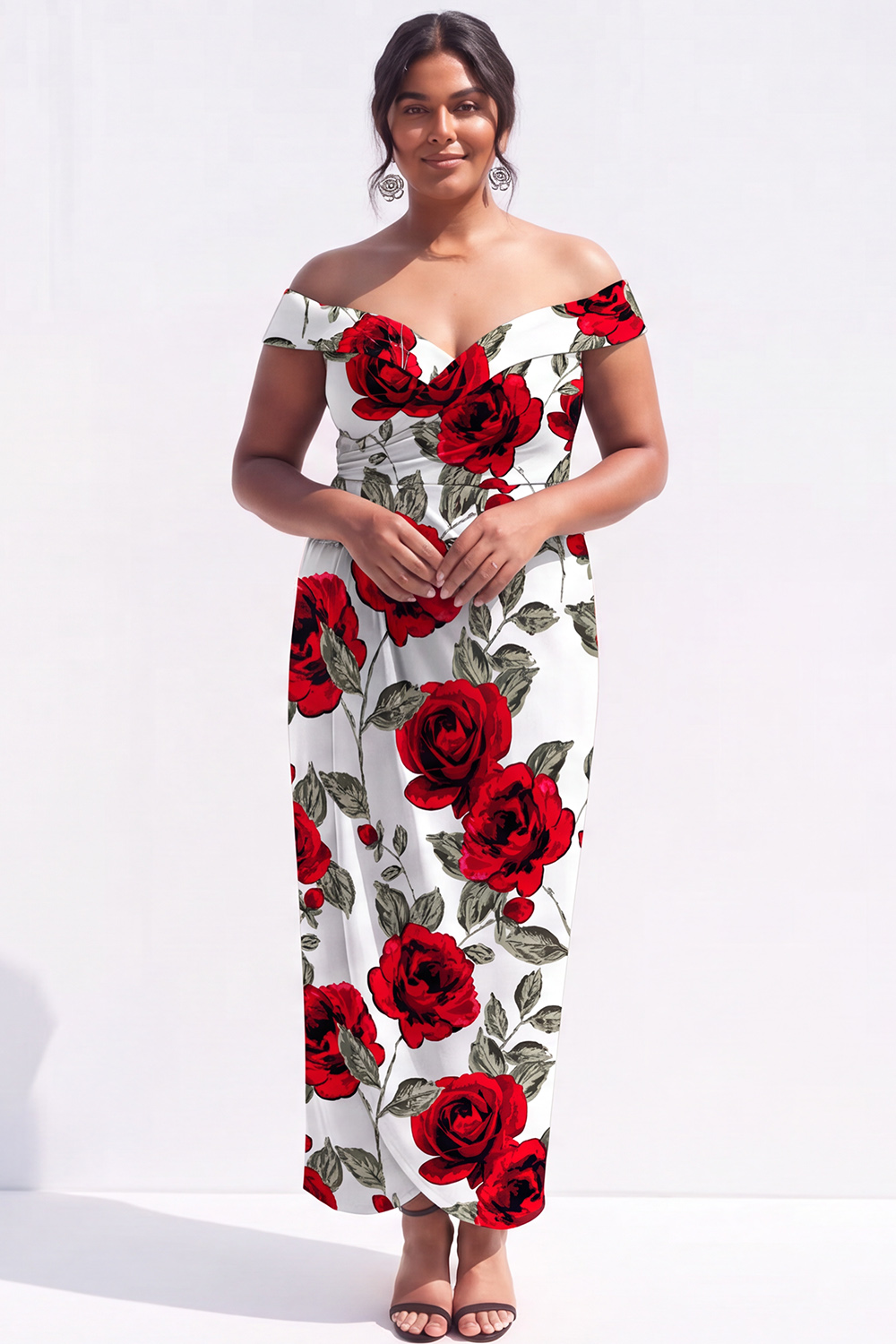 Black Red Flower Off the Shoulder Pencil Plus Size Wedding Guest Dress