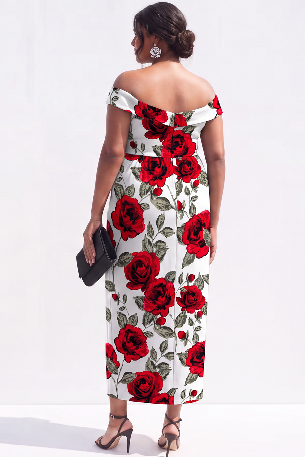 Black Red Flower Off the Shoulder Pencil Plus Size Wedding Guest Dress