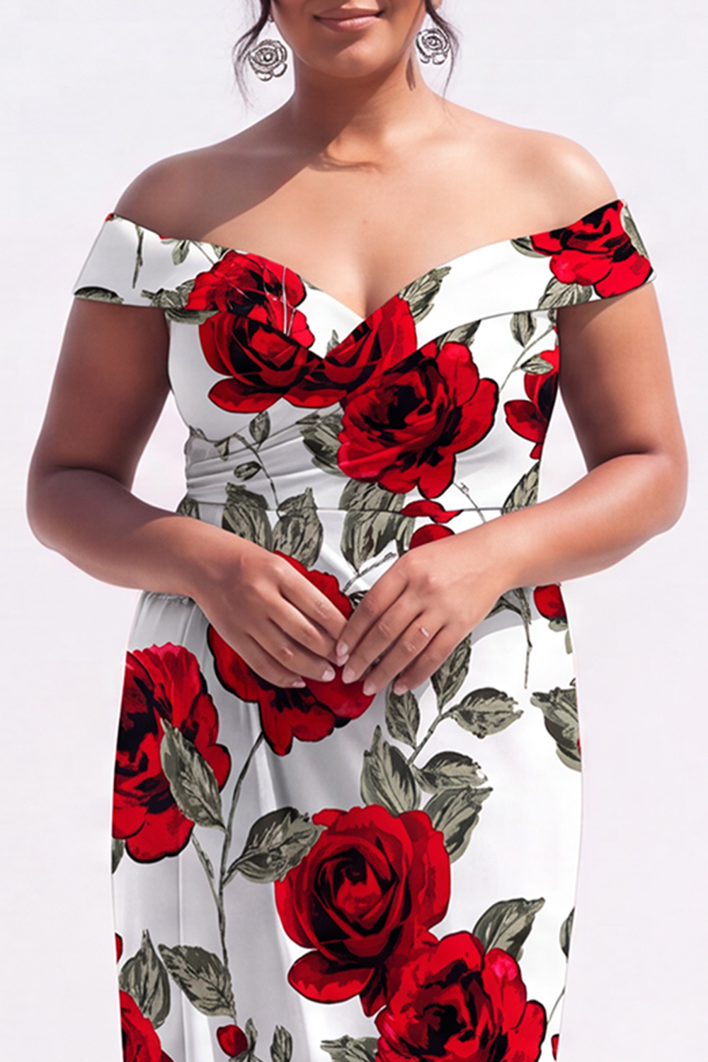 Black Red Flower Off the Shoulder Pencil Plus Size Wedding Guest Dress