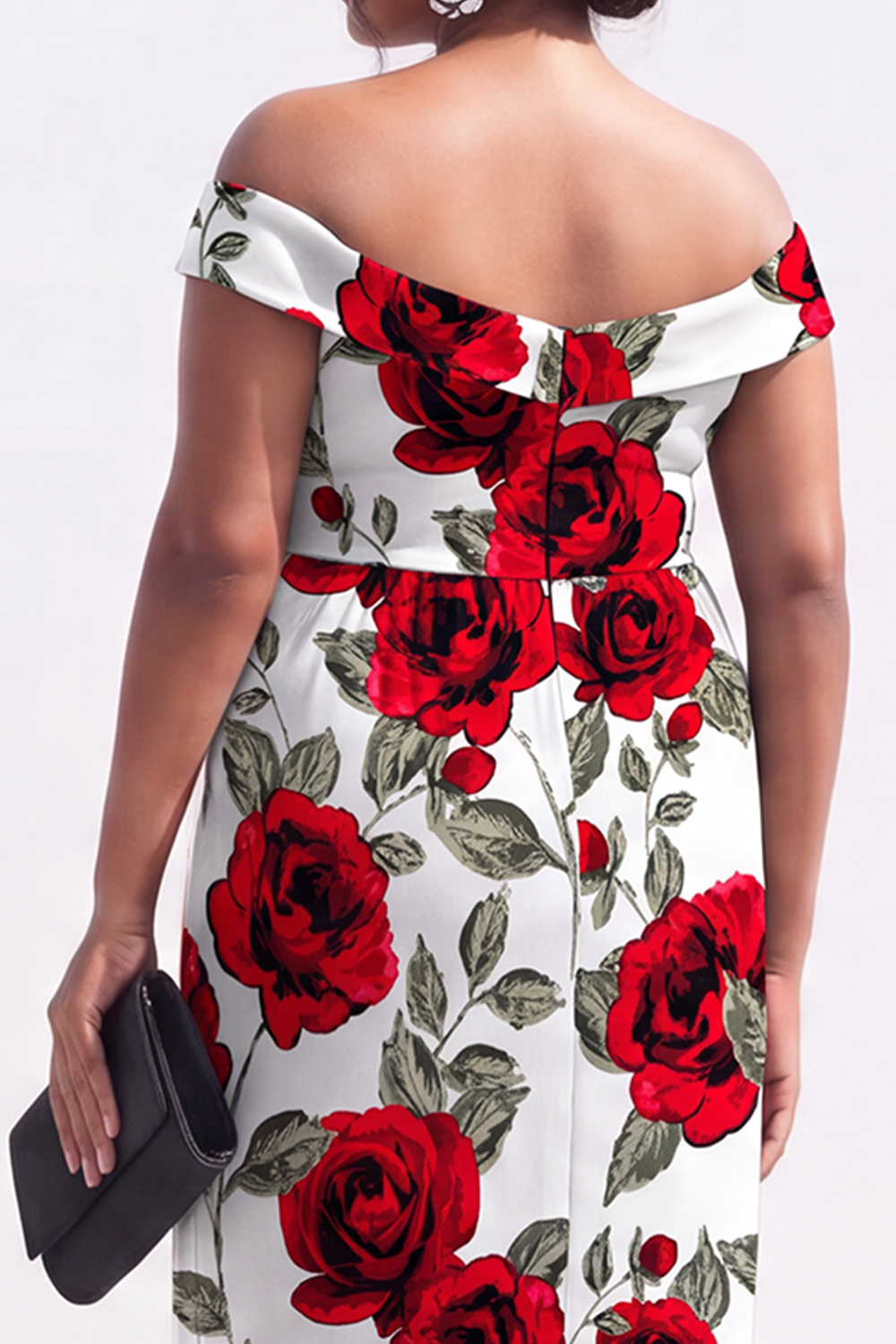 Black Red Flower Off the Shoulder Pencil Plus Size Wedding Guest Dress