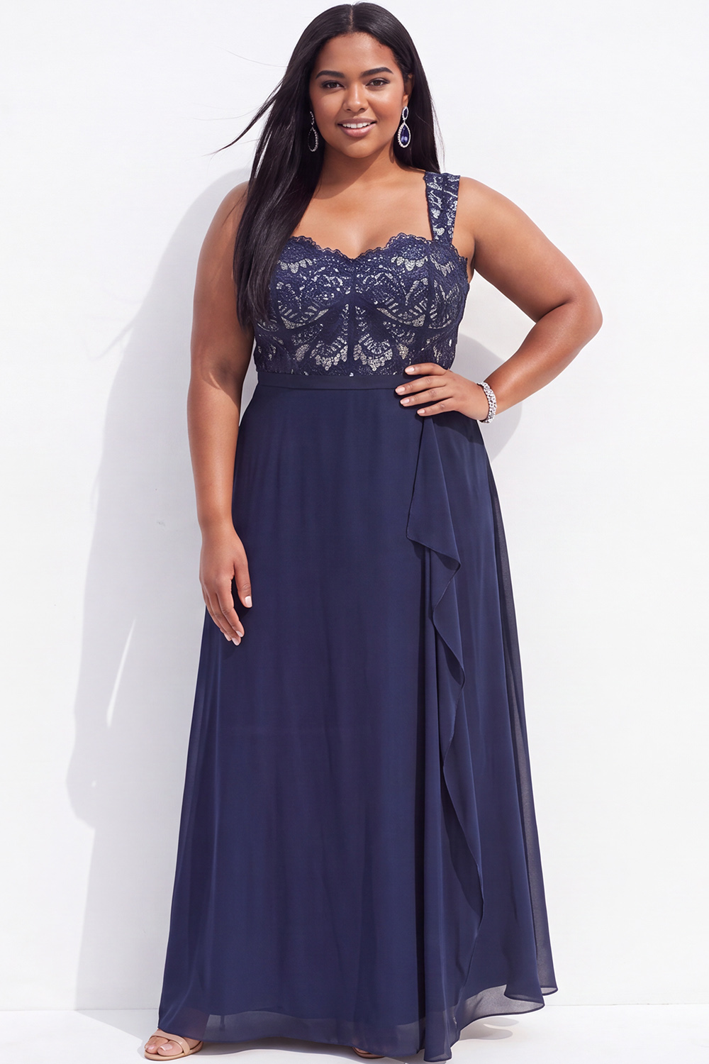 Plus Size Navy A Line Lace Maxi Dress with Ruffles