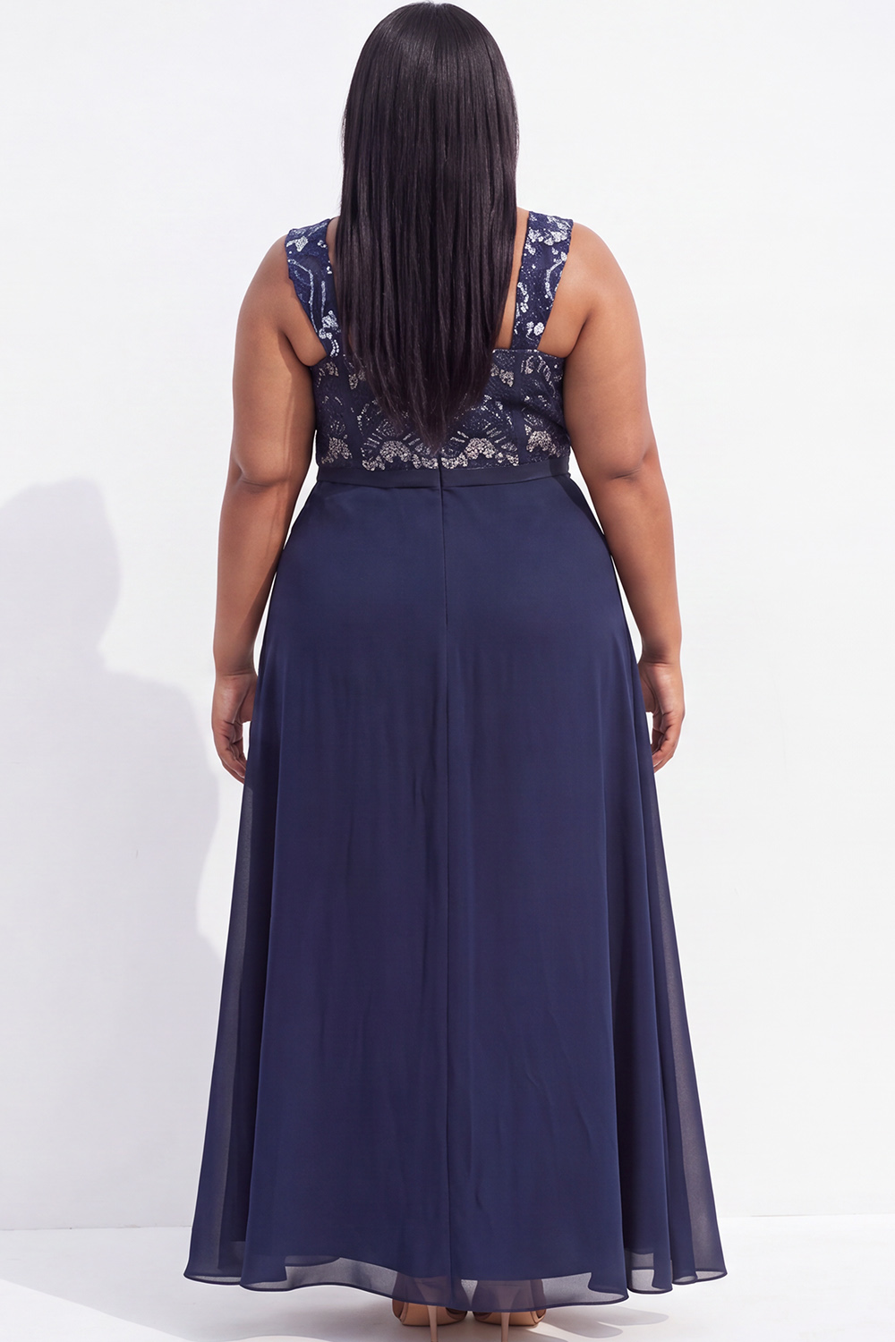 Plus Size Navy A Line Lace Maxi Dress with Ruffles