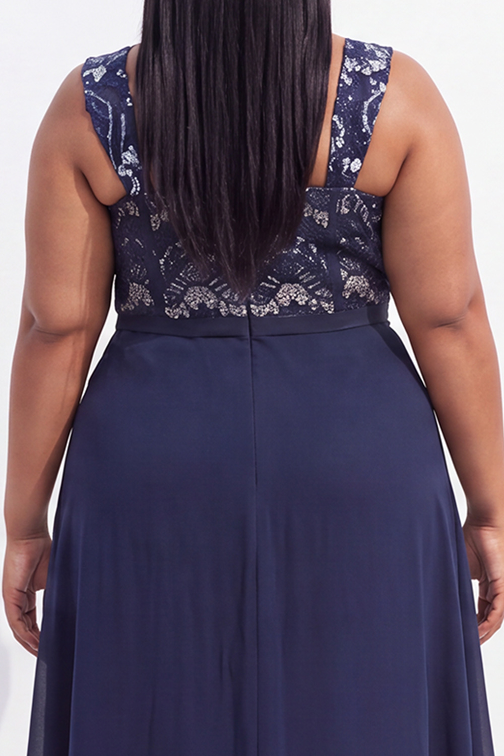Plus Size Navy A Line Lace Maxi Dress with Ruffles