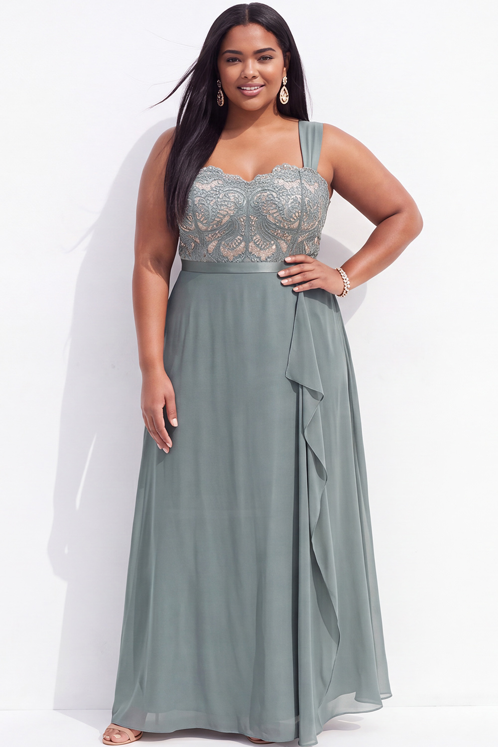 Plus Size Navy A Line Lace Maxi Dress with Ruffles