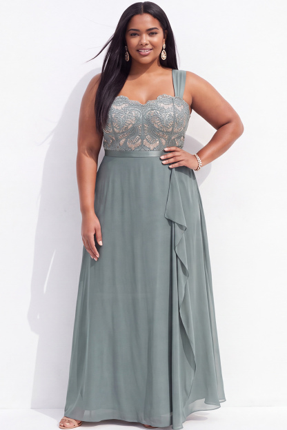 Plus Size Navy A Line Lace Maxi Dress with Ruffles