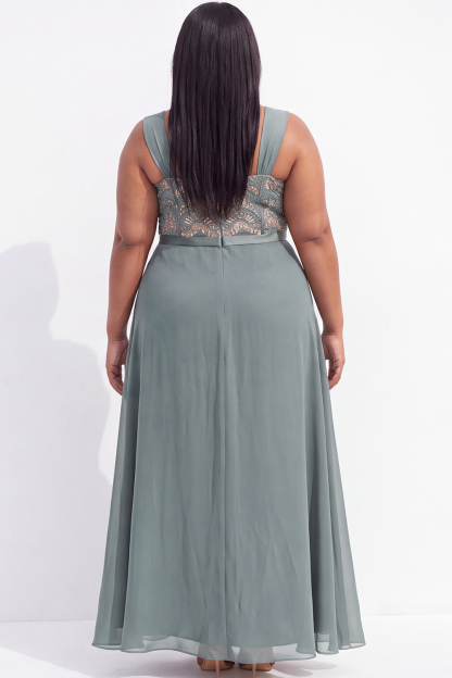 Plus Size Navy A Line Lace Maxi Dress with Ruffles