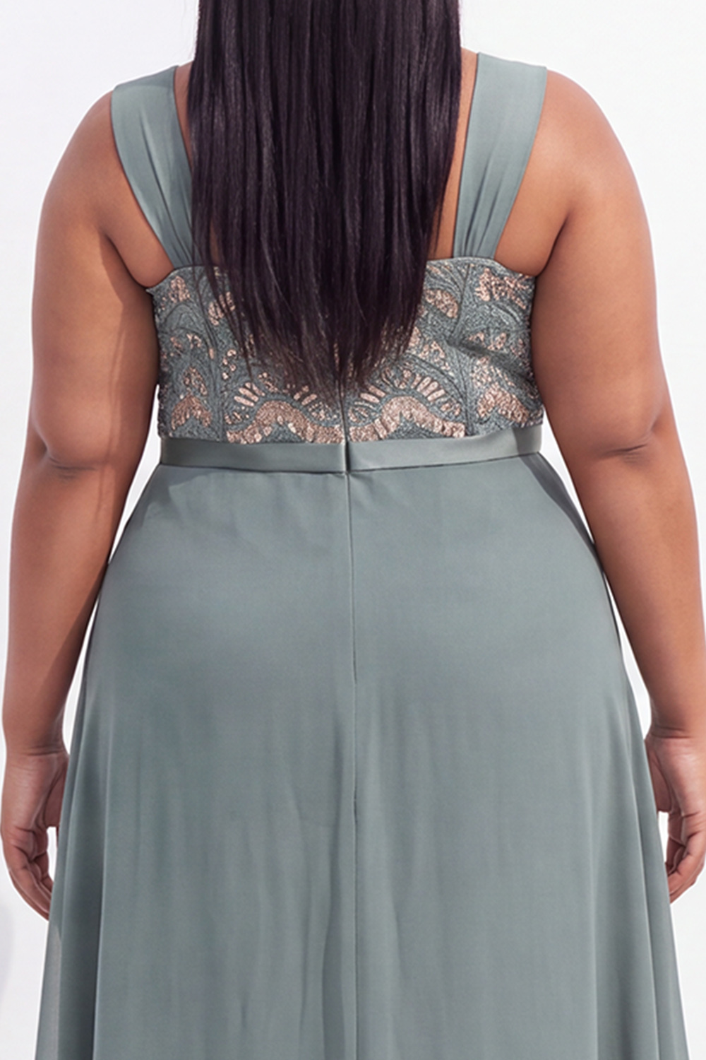 Plus Size Navy A Line Lace Maxi Dress with Ruffles